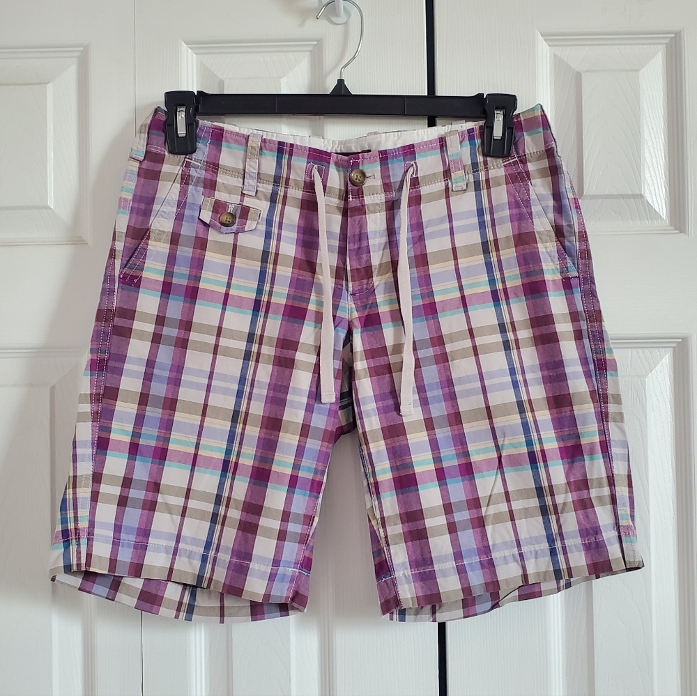 Eddie Bauer Bermuda Shorts Purple Plaid Mid Rise Classic Cotton